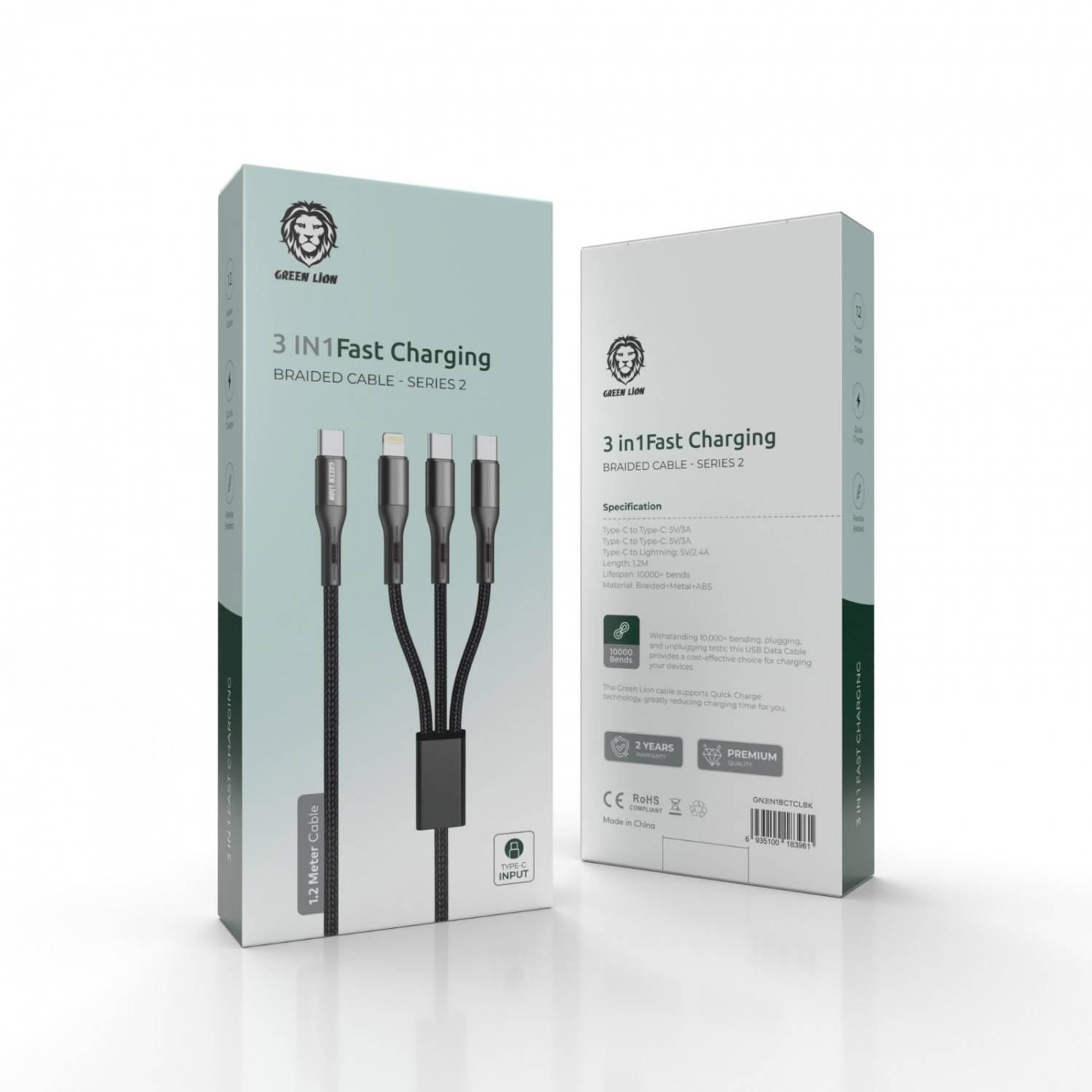 3 In 1 Fast Charging Braided Cable 1.2m